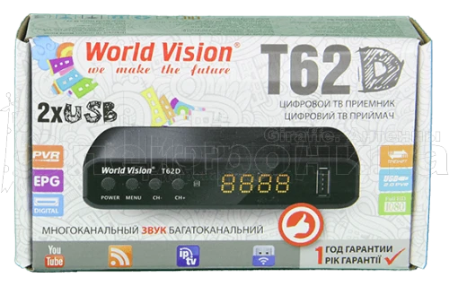 Ресивер  эфирный HD (DVB-T2)          World-Vision T62D   пласт,кнопки,диспл,ДолбиАС3 шнур RCA/20 от магазина Электроника GA