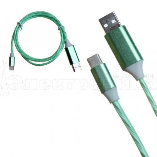 шнур usb led type-c z1 1м зеленый, светящийся - бегущие огни  фото