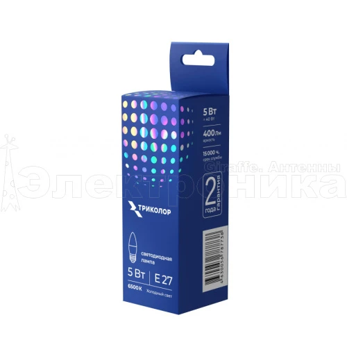 лампа светодиодная триколор led c37 5вт 6500k e27  фото