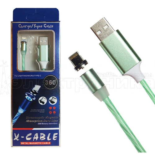 шнур usb 360 led lightning 1м зелёный сменный разъём на магните 360 градусов светящийся бегущие огни  фото