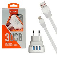 блок питания ldnio dl-ac65 5в, 3,4а + кабель lightning 1м зарядное устройство с 3 usb портами, белый  фото