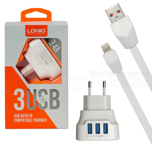 блок питания ldnio dl-ac65 5в, 3,4а + кабель lightning 1м зарядное устройство с 3 usb портами, белый  фото